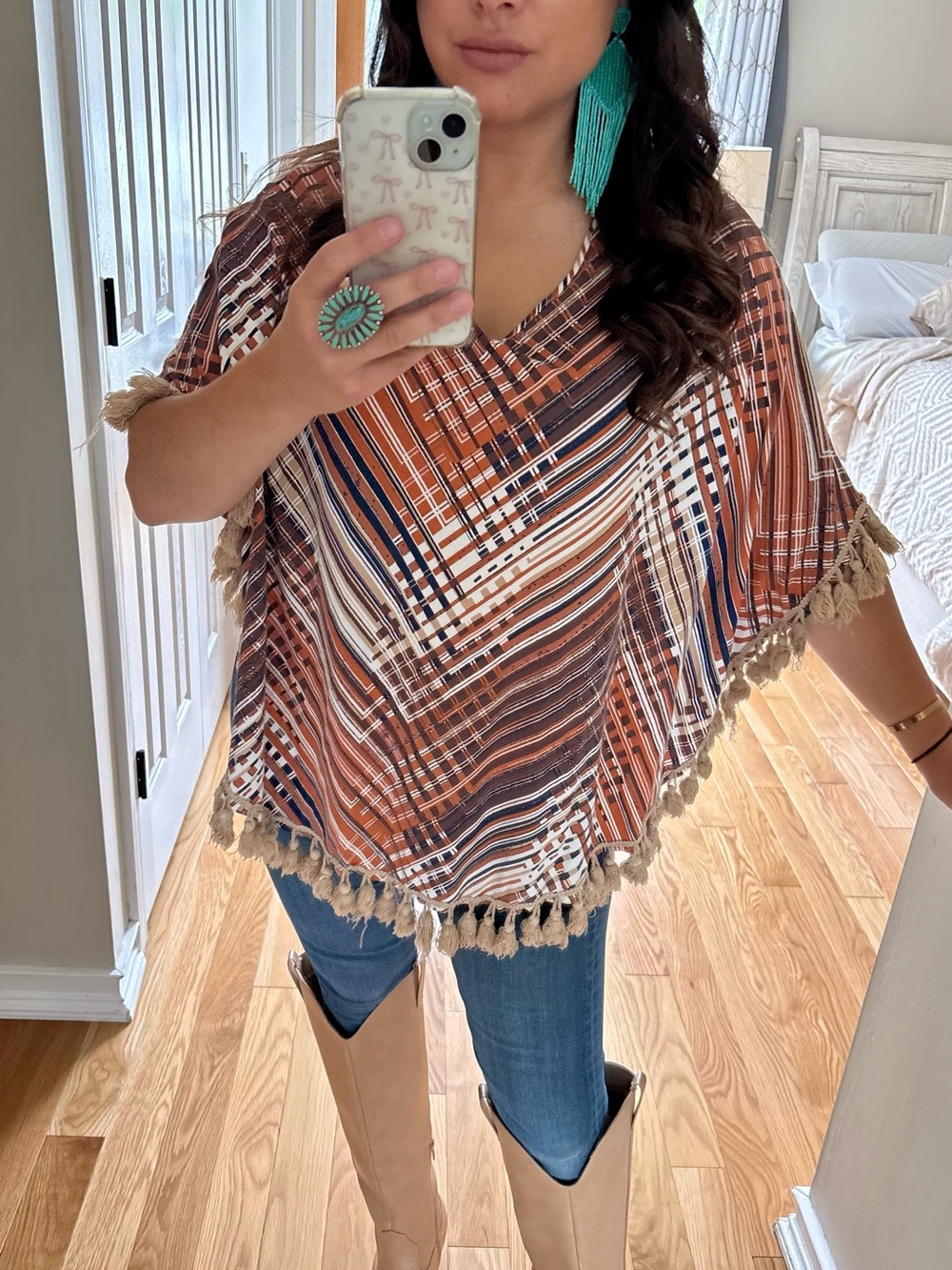 OS boho western poncho fringe top